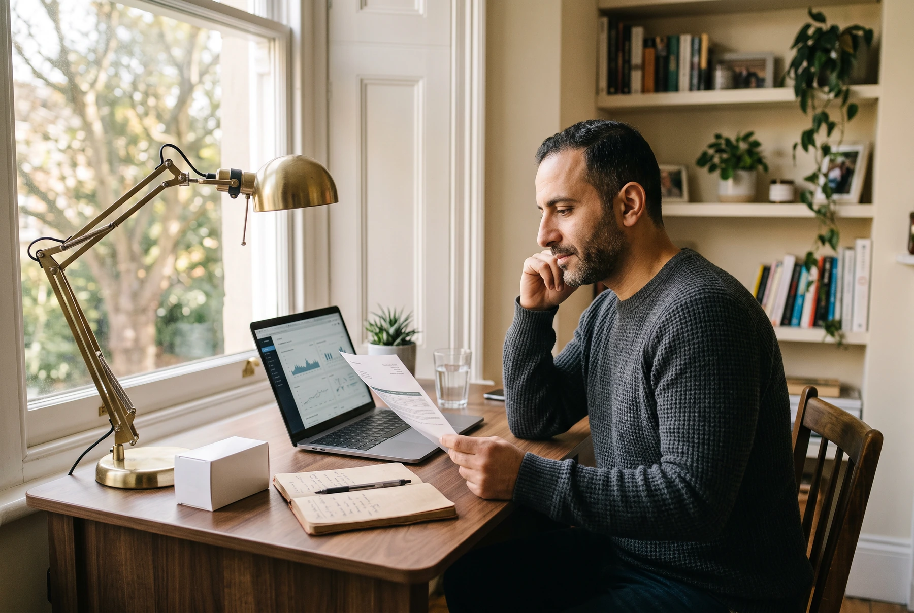 Arab man in his forties at a home desk with a laptop and a monthly statement, a small pharmacy box beside him