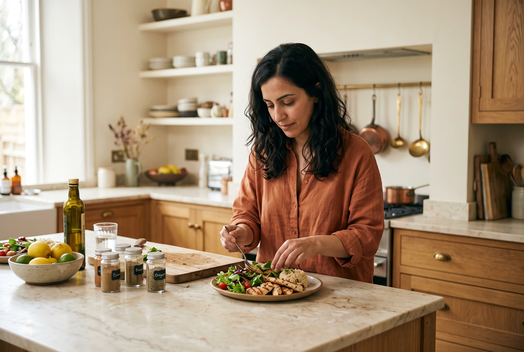Arab woman in her thirties plating grilled chicken, salad, and a small portion of rice in a warm kitchen, spice jars on the counter