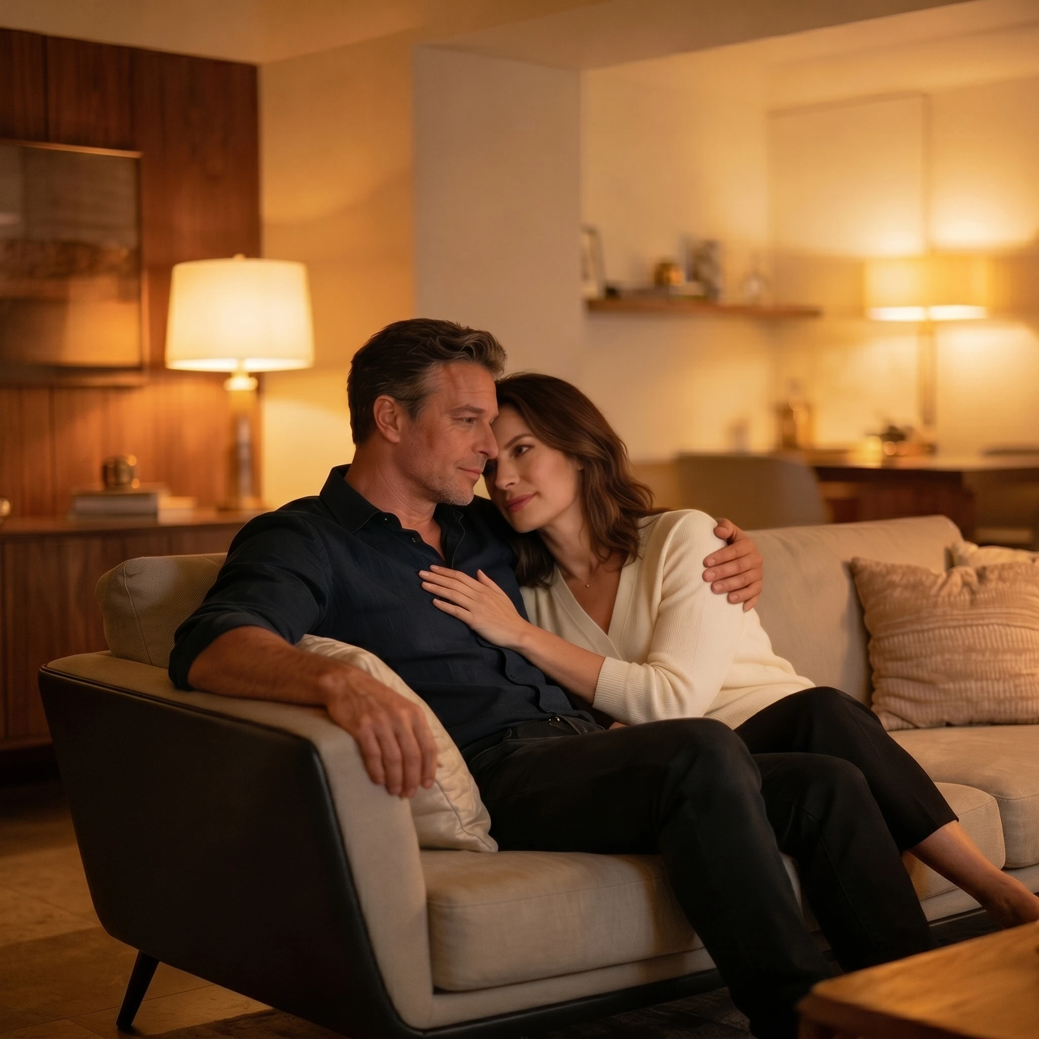 Couple relaxing together in a warm home setting