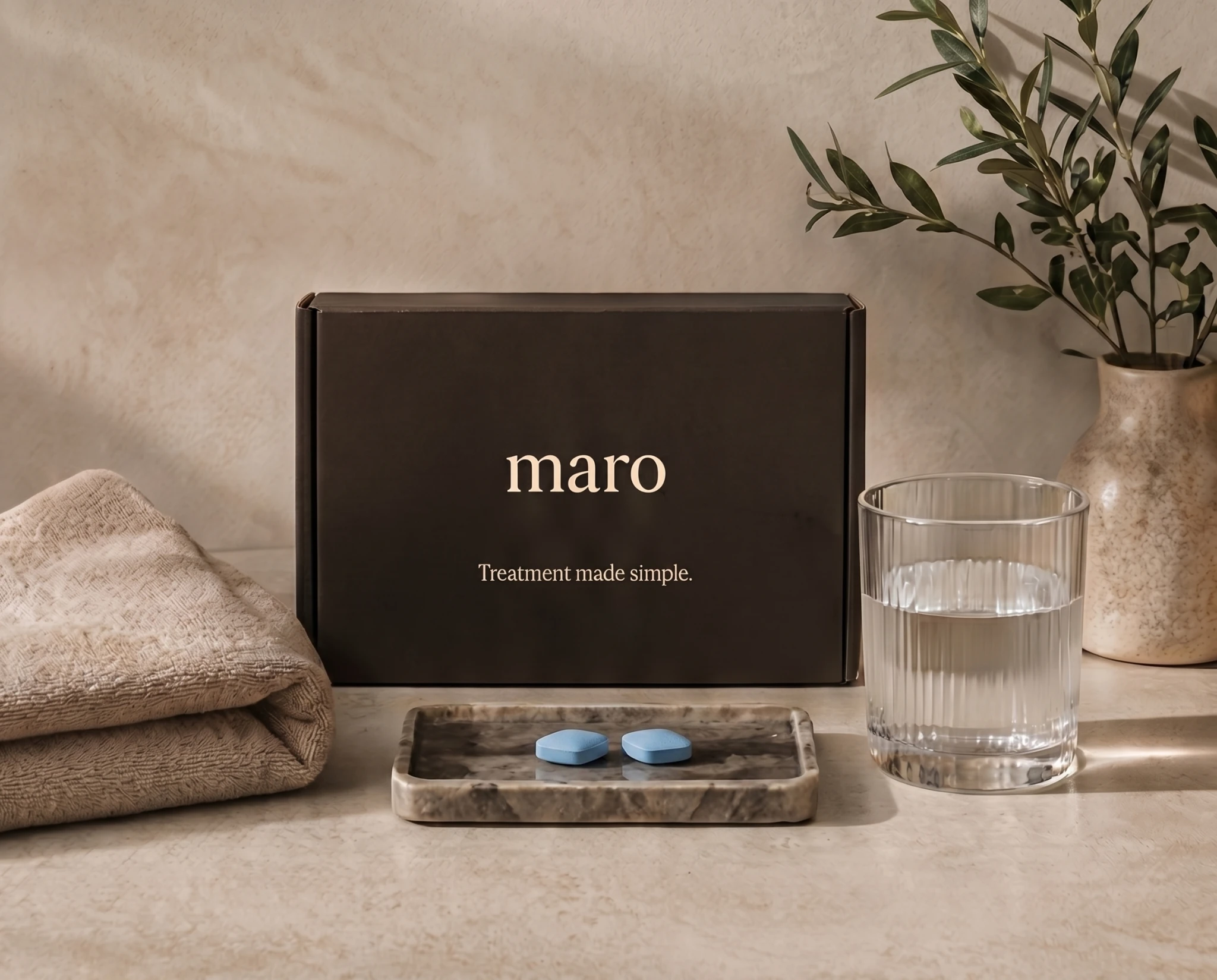 Maro treatment package with water and tablets