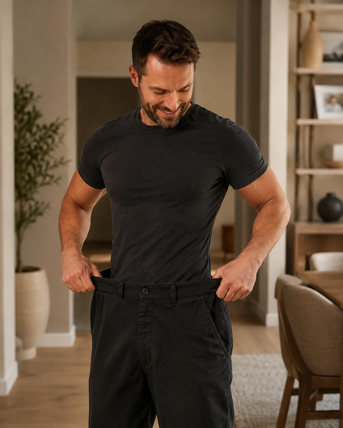 Man showing weight-loss progress by holding oversized pants