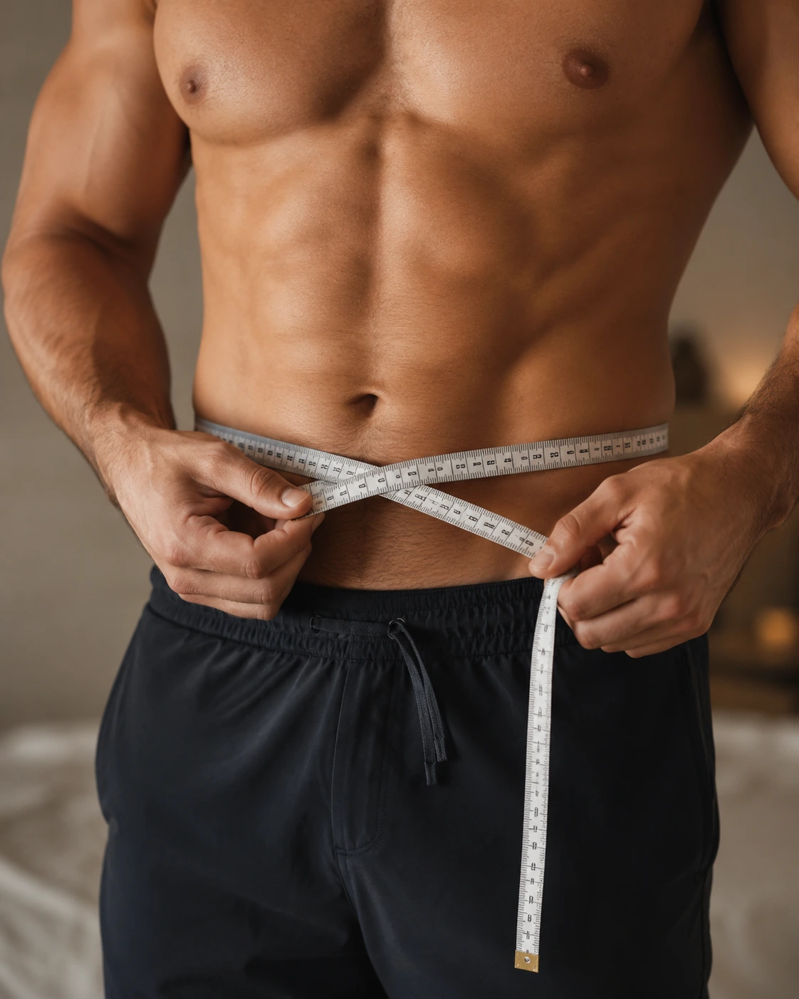 Close-up of a man measuring his waist