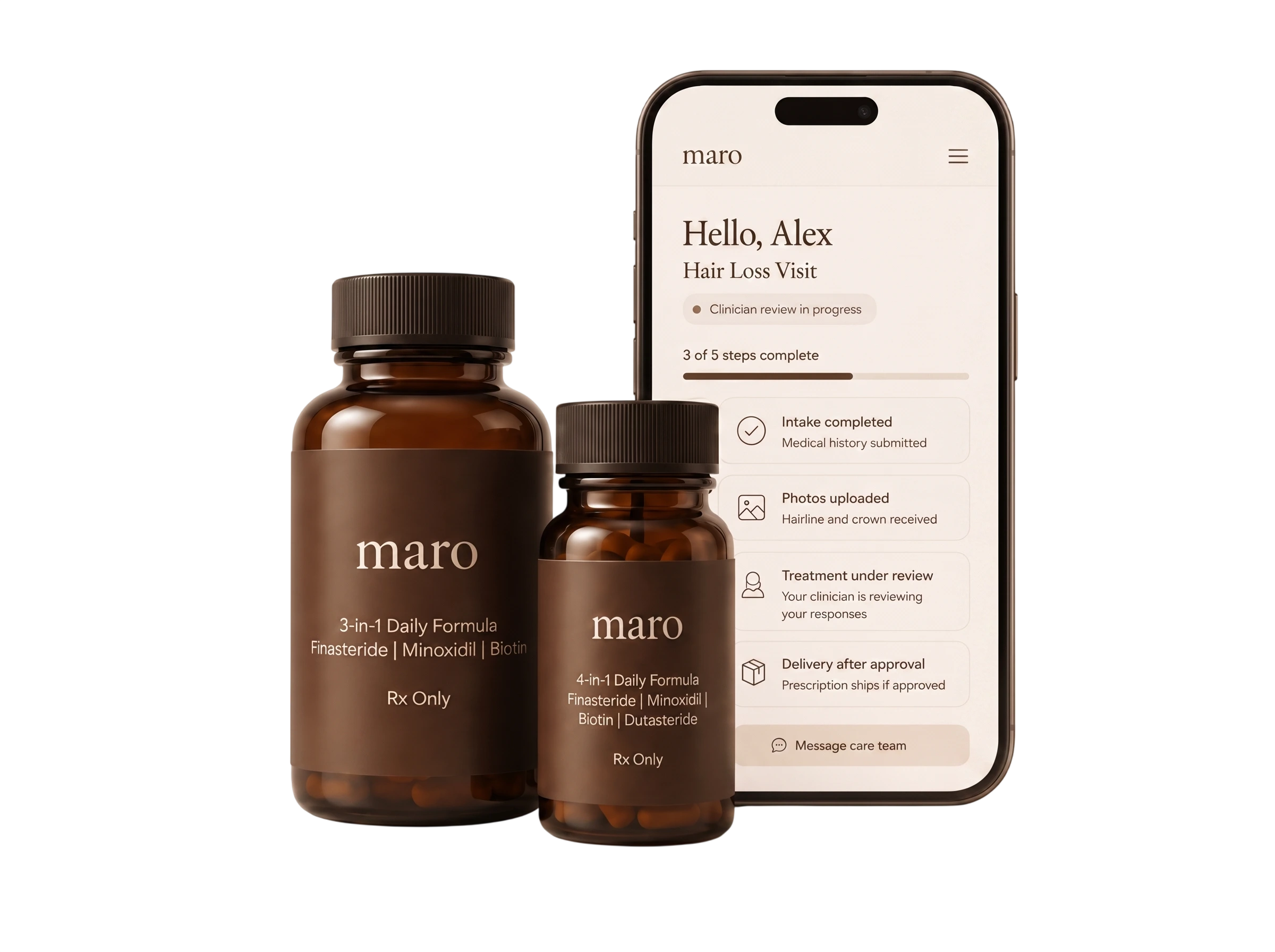 Maro hair loss treatment bottles with treatment plan phone