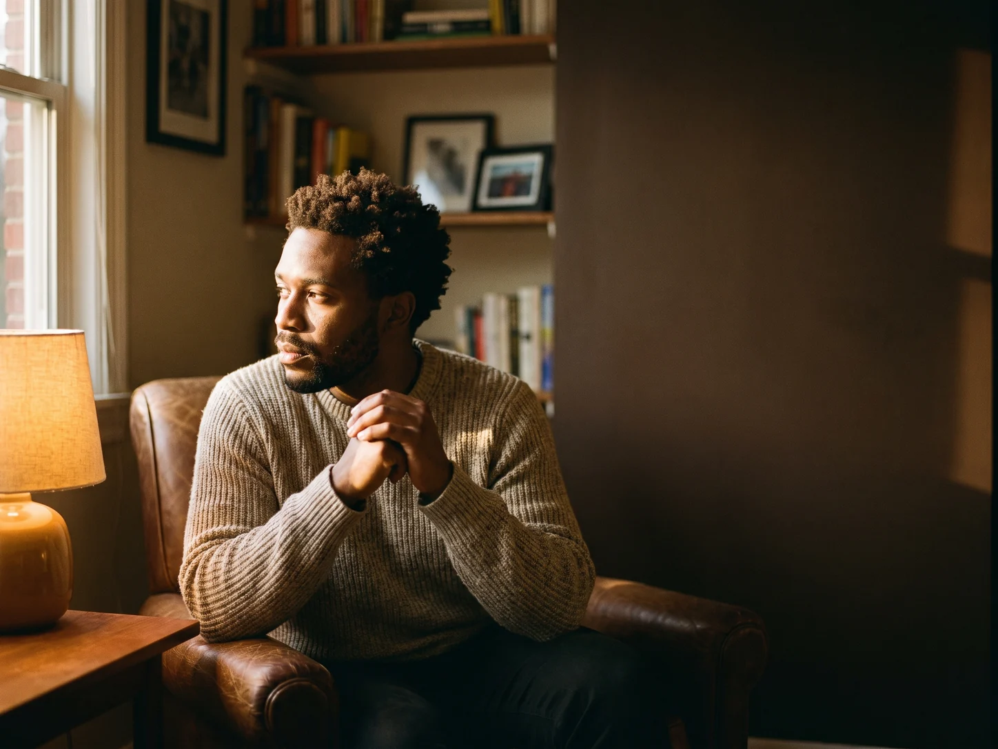 Man seated in a warm interior, looking thoughtful