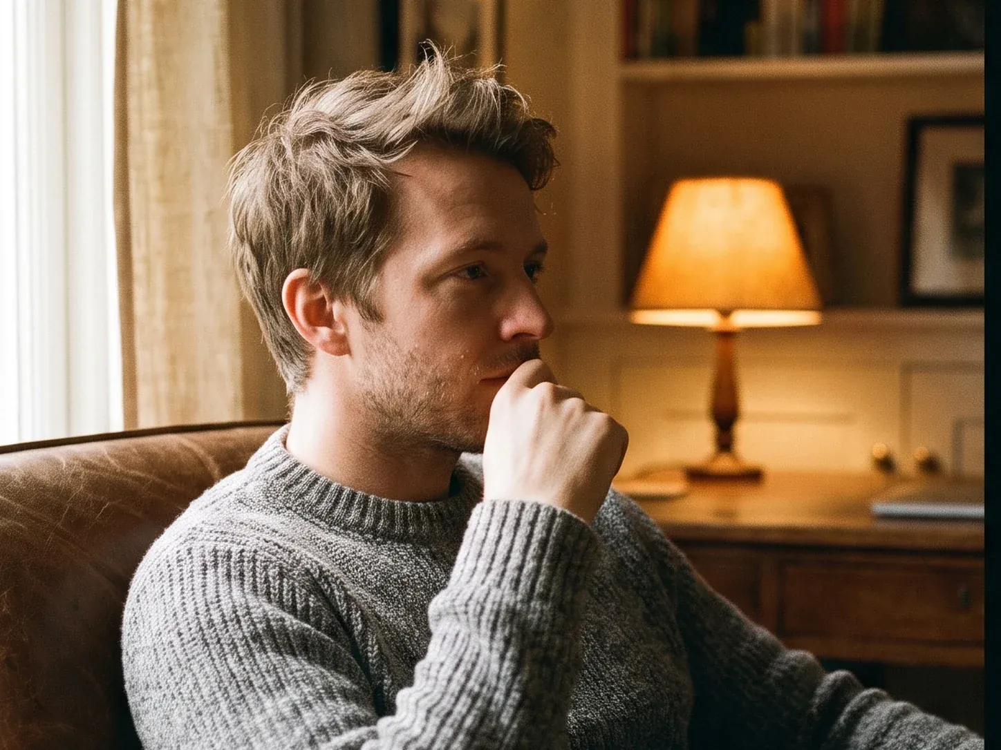 Man seated in a warm interior, looking thoughtful