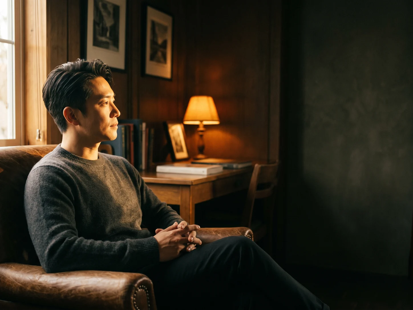 Man seated in a warm interior, looking thoughtful